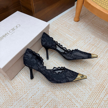 JIMMY CHOO 26S CUTOUT HEELS 65 MM IN BLACK LACE WITH METAL TOE CAP