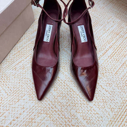 JIMMY CHOO 26S ANKLE STRAP PUMPS 65 MM IN BURGUNDY SHINY CALFSKIN