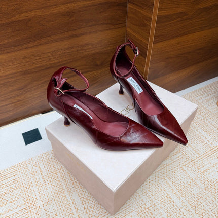 JIMMY CHOO 26S ANKLE STRAP PUMPS 65 MM IN BURGUNDY SHINY CALFSKIN