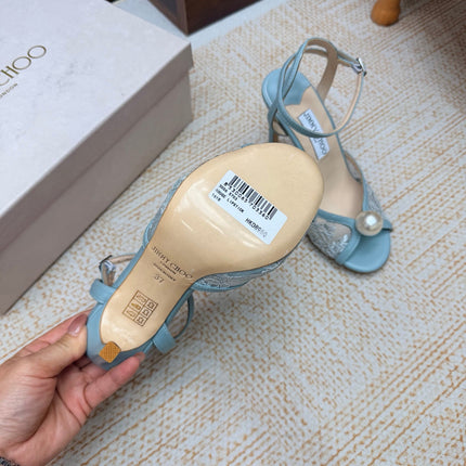 JIMMY CHOO 26S HEEL SANDALS 100 MM IN SKY BLUE FLORAL LACE PEARL EMBELLISHED