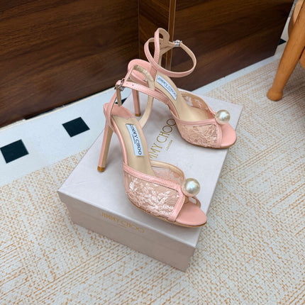 JIMMY CHOO 26S HEEL SANDALS 100 MM IN LIGHT PINK FLORAL LACE PEARL EMBELLISHED