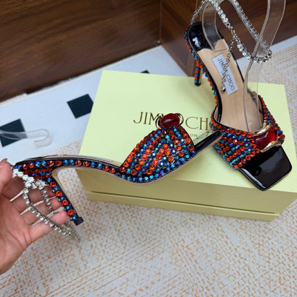 JIMMY CHOO 26S HEEL SANDALS 85 MM IN BLACK LEATHER CRYSTAL EMBELLISHED