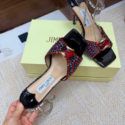 JIMMY CHOO 26S HEEL SANDALS 85 MM IN BLACK LEATHER CRYSTAL EMBELLISHED