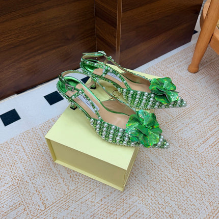 JIMMY CHOO 26S SLINGBACK PUMPS 65 MM IN GREEN CRYSTAL AND PEARL EMBELLISHED