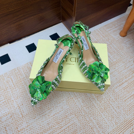 JIMMY CHOO 26S SLINGBACK PUMPS 65 MM IN GREEN CRYSTAL AND PEARL EMBELLISHED