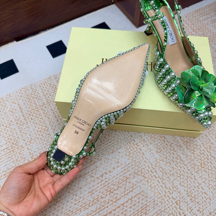 JIMMY CHOO 26S SLINGBACK PUMPS 65 MM IN GREEN CRYSTAL AND PEARL EMBELLISHED