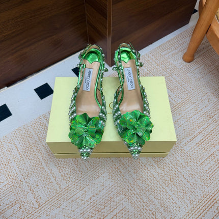 JIMMY CHOO 26S SLINGBACK PUMPS 65 MM IN GREEN CRYSTAL AND PEARL EMBELLISHED