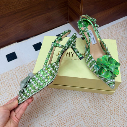 JIMMY CHOO 26S SLINGBACK PUMPS 65 MM IN GREEN CRYSTAL AND PEARL EMBELLISHED