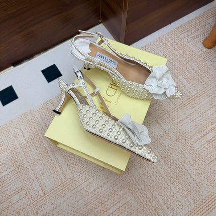 JIMMY CHOO 26S SLINGBACK PUMPS 65 MM IN OFF WHITE PEARL EMBELLISHED