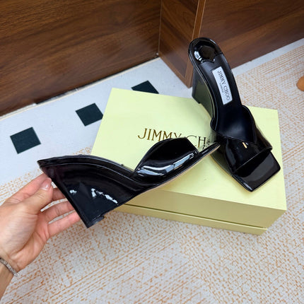 JIMMY CHOO 26S WEDGE SANDALS 95 MM IN BLACK PATENT CALFSKIN