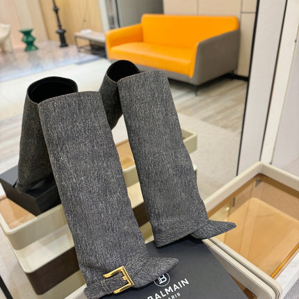 BALMAIN 26S KNEE-HIGH BOOTS 100 MM IN DARK GREY FABRIC