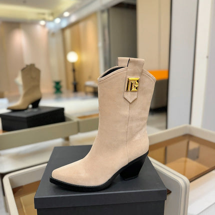 BALMAIN 26S COWBOY ANKLE BOOTS 65 MM IN BEIGE SUEDE