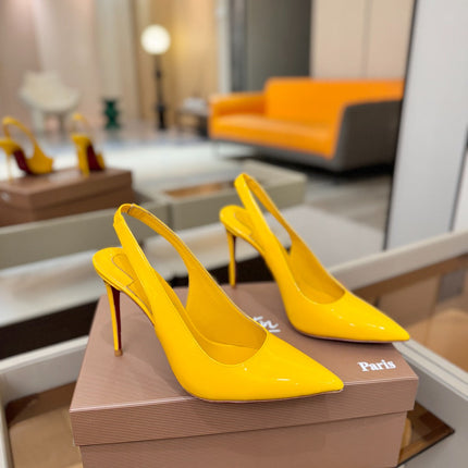CHRISTIAN LOUBOUTIN 26S SLINGBACK HEELS 105 MM IN DARK YELLOW PATENT CALFSKIN