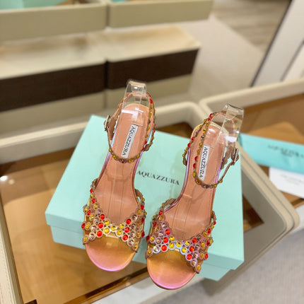 AQUAZZURA 26S STRAPPY HIGH HEELS 105 MM IN ROSE GOLD HOLOGRAM LAMBSKIN