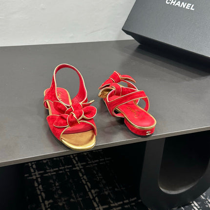 CHANEL 26S BOW SANDALS IN RED AND GOLD SUEDE