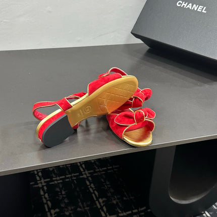 CHANEL 26S BOW SANDALS IN RED AND GOLD SUEDE