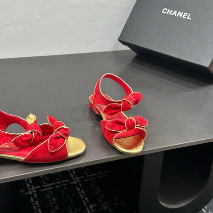 CHANEL 26S BOW SANDALS IN RED AND GOLD SUEDE