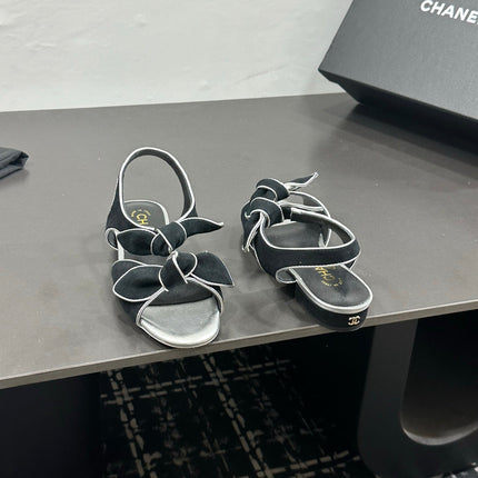 CHANEL 26S BOW SANDALS IN BLACK AND SILVER SUEDE