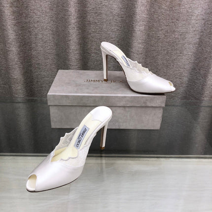 JIMMY CHOO 26S OPEN TOE HEEL MULES 100 MM IN OFF WHITE LACE MIX SATIN