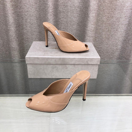 JIMMY CHOO 26S OPEN TOE HEEL MULES 100 MM IN BEIGE GLOSSY CALFSKIN