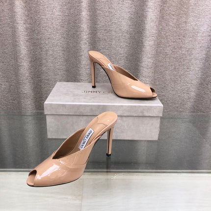 JIMMY CHOO 26S OPEN TOE HEEL MULES 100 MM IN BEIGE GLOSSY CALFSKIN