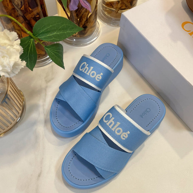 WOODY WEDGE SANDALS IN CERULEAN BLUE CANVAS WITH RUBBER SOLE