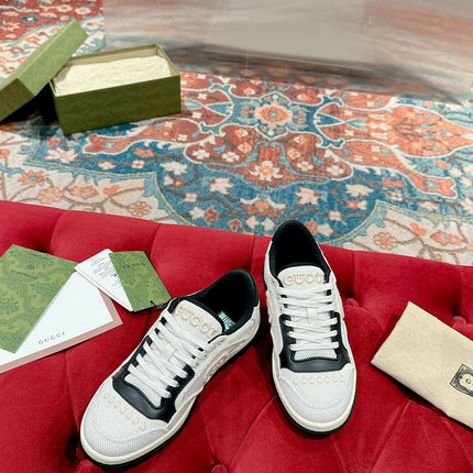 GUCCI 26S SNEAKERS IN WHITE MESH FABRIC AND BLACK CALFSKIN