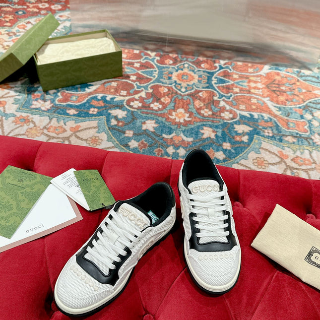 GUCCI 26S SNEAKERS IN WHITE MESH FABRIC AND BLACK CALFSKIN