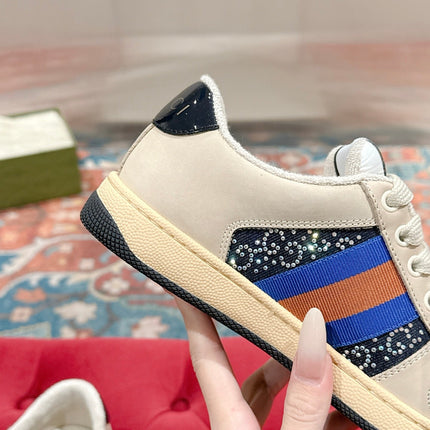 GUCCI 26S SCREENER SNEAKER IN BEIGE SUEDE MIX NAVY BLUE CANVAS