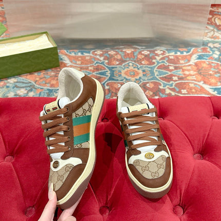 GUCCI 26S SCREENER SNEAKER IN BROWN SUEDE AND BEIGE CANVAS