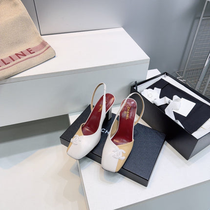 CHANEL 26S SLINGBACK 100 MM IN BEIGE AND WHITE LAMBSKIN