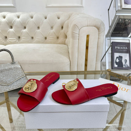 DIOR 26S  FLAT SLIDE SANDALS IN DARK RED CALFSKIN WITH GOLD HARDWARE