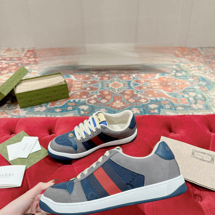 GUCCI 26S SCREENER SNEAKER IN GREY AND BLUE LEATHER