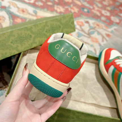 GUCCI 26S SCREENER SNEAKER IN GREEN LEATHER AND ORANGE SUEDE