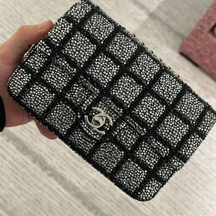 CHANEL 26S CLASSIC FLAP BAG 20 IN BLACK AND SILVER CRYSTAL