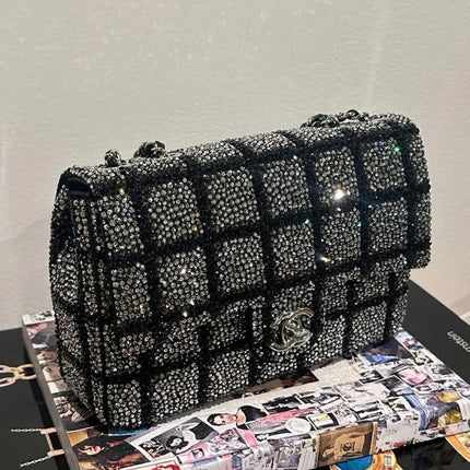 CHANEL 26S CLASSIC FLAP BAG 20 IN BLACK AND SILVER CRYSTAL
