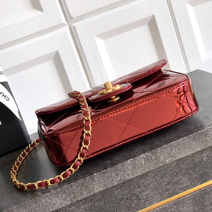 CHANEL 26S TOP HANDLE BAG 18 IN METALLIC RED QUILTED PATENT LEATHER