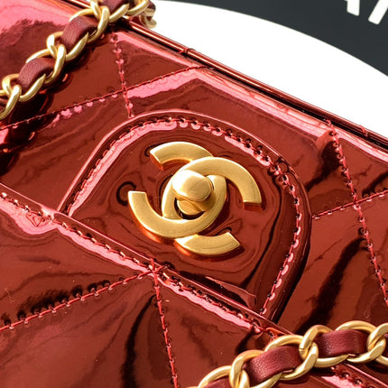 CHANEL 26S TOP HANDLE BAG 18 IN METALLIC RED QUILTED PATENT LEATHER