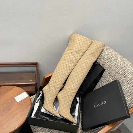 GUCCI 26S OVER THE KNEE BOOTS 85 MM IN BEIGE CANVAS