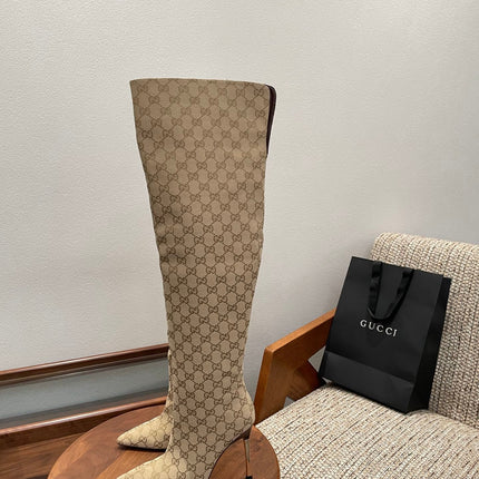 GUCCI 26S OVER THE KNEE BOOTS 85 MM IN BEIGE CANVAS