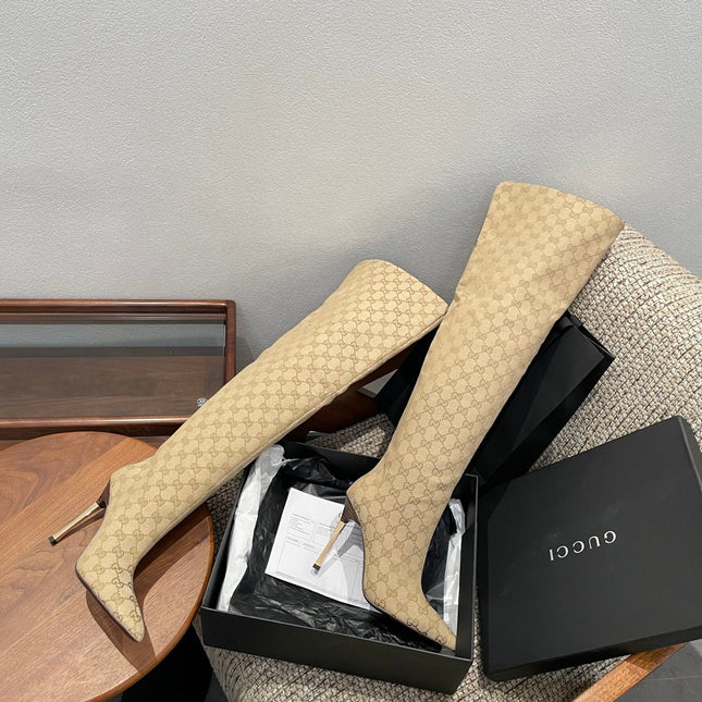 GUCCI 26S OVER THE KNEE BOOTS 85 MM IN BEIGE CANVAS