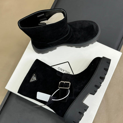 PRADA 25S PLATFORM ANKLE BOOTS IN BLACK SUEDE WITH SILVER HARDWARE