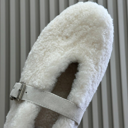 ALAIA 25S COZY MARY JANE SHEARLING FLATS IN WHITE