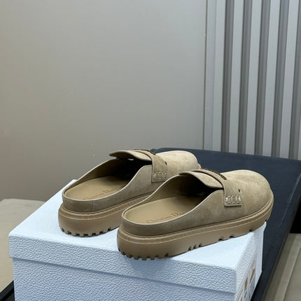 DIOR 26S BOY MULE IN DARK BEIGE SUEDE GOLD HARDWARE