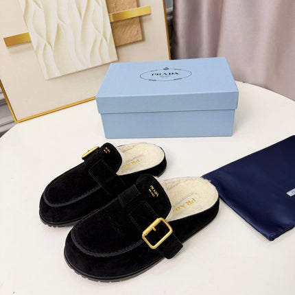 PRADA 26S SHEARLING-LINED MULES IN BLACK SUEDE