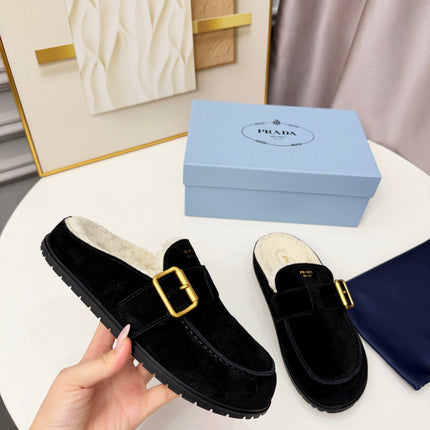 PRADA 26S SHEARLING-LINED MULES IN BLACK SUEDE