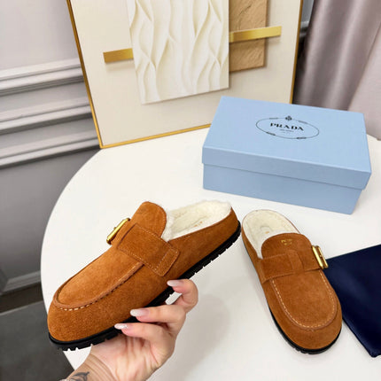 PRADA 26S SHEARLING-LINED MULES IN COGNAC BROWN SUEDE