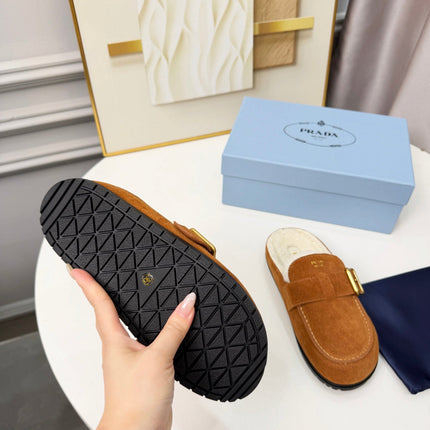 PRADA 26S SHEARLING-LINED MULES IN COGNAC BROWN SUEDE