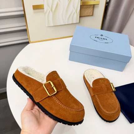 PRADA 26S SHEARLING-LINED MULES IN COGNAC BROWN SUEDE