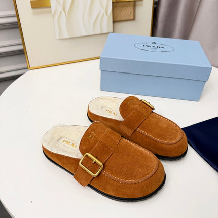 PRADA 26S SHEARLING-LINED MULES IN COGNAC BROWN SUEDE